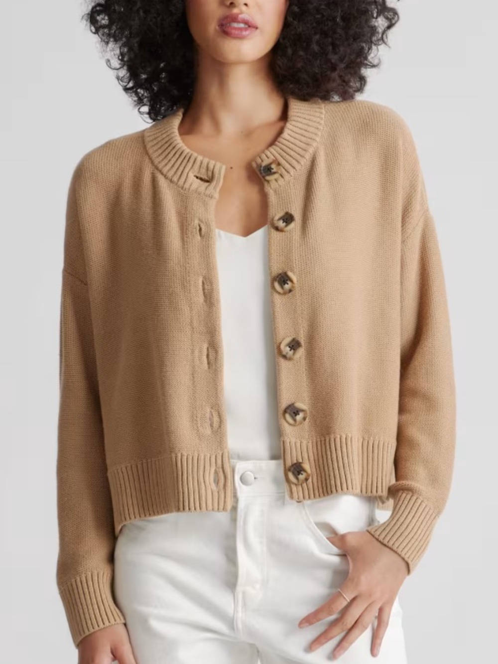 Quince 100% Organic Cotton Cropped Cardigan Sweater in Oatmeal Tan Size Small